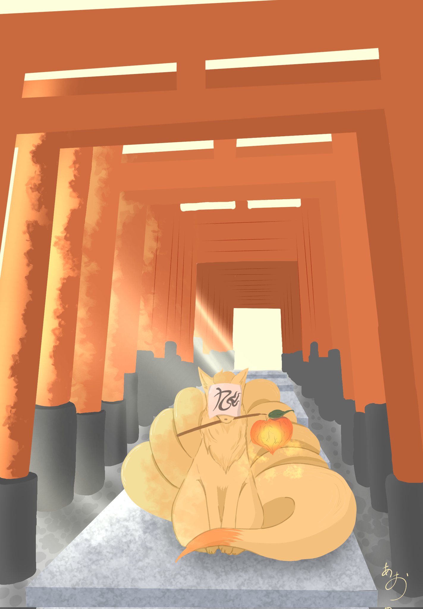 natu a0z0ra, ninetales, nintendo, pokemon, highres, animal focus, closed mouth, covered face, facing viewer, fox, gen 1 pokemon, lantern, multiple tails, multiple torii, no humans, outdoors, pokemon (creature), pokemon focus, solo, tail, torii