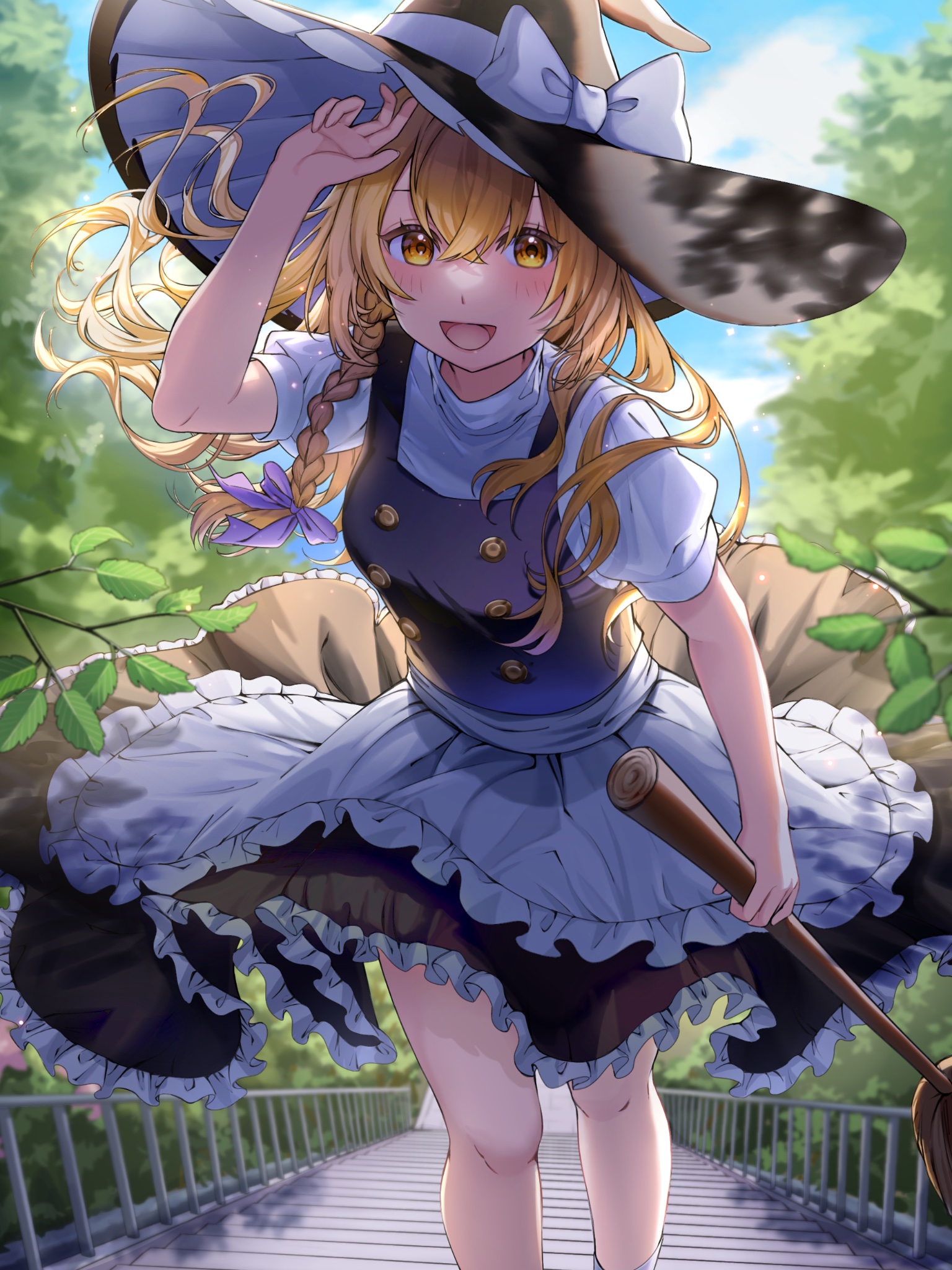 mayu 25 mayu, kirisame marisa, touhou, commentary, highres, 1girl, :d, apron, backlighting, black hat, black skirt, black vest, blonde hair, blue sky, blush, bow, braid, broom, buttons, clothes lift, crossed bangs, dappled sunlight, day, double-breasted, eyebrows hidden by hair, eyelashes, feet out of frame, floating hair, frilled apron, frilled skirt, frills, hair between eyes, hair bow, hand up, happy, hat, hat bow, holding, holding broom, leaf, long hair, looking at viewer, open mouth, outdoors, perspective, puffy short sleeves, puffy sleeves, purple bow, shirt, short sleeves, single braid, skirt, skirt lift, sky, smile, solo, stairs, standing, sunlight, turtleneck, turtleneck shirt, vest, waist apron, white apron, white bow, white shirt, wind, wind lift, witch hat, yellow eyes