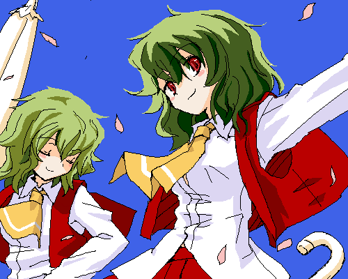 kazami yuuka, touhou, lowres, 2girls, ascot, blouse, blue background, closed eyes, closed umbrella, collared shirt, dual persona, eyes visible through hair, female focus, green hair, hair between eyes, multiple girls, oekaki, petals, red eyes, shaded face, shirt, short hair, skirt, skirt set, umbrella, vest, white shirt, yellow ascot