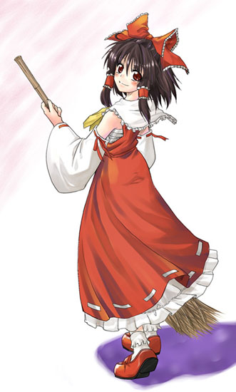 hakurei reimu, touhou, 1girl, black hair, bobby socks, bow, broom, brown eyes, brown hair, detached sleeves, dress, female focus, full body, hair bow, hair tubes, holding, looking at viewer, looking back, mary janes, red bow, red dress, shoes, short hair, sidelocks, simple background, socks, solo, standing, white background, white socks