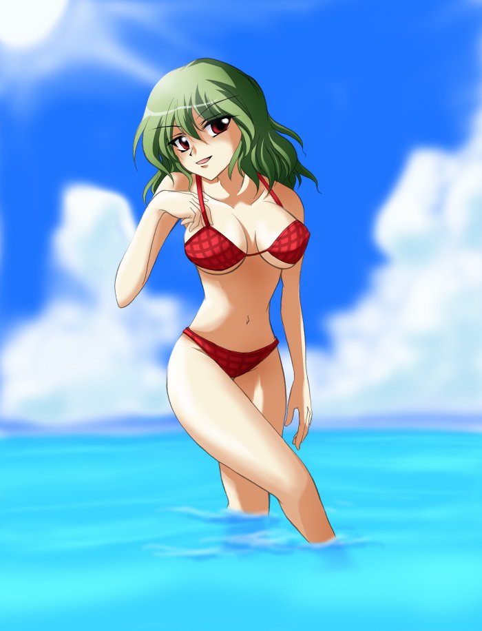 kurinton, kazami yuuka, touhou, 1girl, bikini, breasts, breasts apart, cloud, day, female focus, green hair, hand on own chest, large breasts, plaid bikini, plaid clothes, red eyes, smile, solo, sun, swimsuit, water