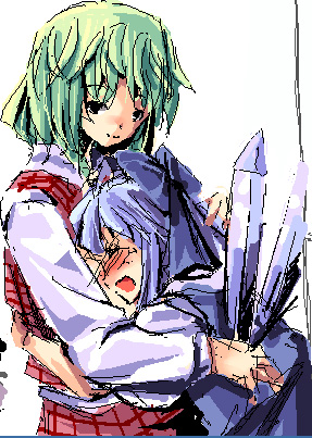 cirno, kazami yuuka, touhou, lowres, 2girls, blue hair, bow, female focus, green hair, hand on another's head, hug, multiple girls, plaid clothes, plaid skirt, plaid vest, short hair, skirt, skirt set, vest