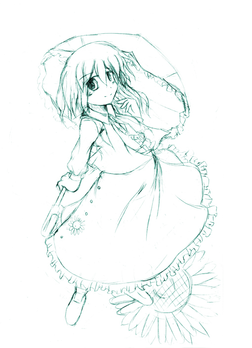 kazami yuuka, touhou, 1girl, adjusting hair, aqua theme, ascot, female focus, flower, monochrome, sketch, skirt, skirt set, smile, solo, sunflower, umbrella, vest