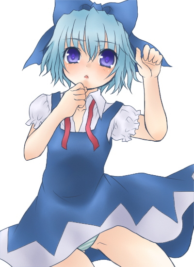 jyako, cirno, embodiment of scarlet devil, touhou, 1girl, dress, female focus, panties, simple background, solo, striped clothes, striped panties, underwear, white background