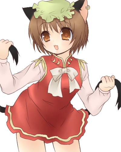 jyako, chen, touhou, lowres, 1girl, animal ears, brown eyes, brown hair, cat ears, cat girl, cat tail, earrings, female focus, hat, jewelry, multiple tails, short hair, simple background, solo, tail