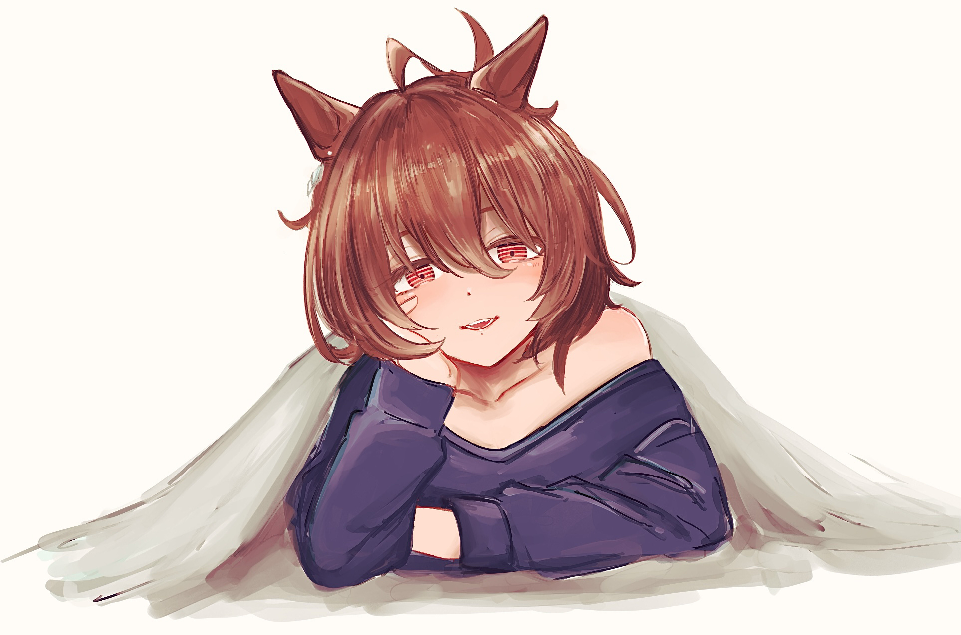 hydr051, agnes tachyon (umamusume), umamusume, highres, 1girl, ahoge, animal ears, blush, brown hair, hair between eyes, hand on own face, horse ears, horse girl, horse tail, medium hair, open mouth, purple shirt, red eyes, shirt, sidelocks, single bare shoulder, solo, tail, under covers, wolf cut