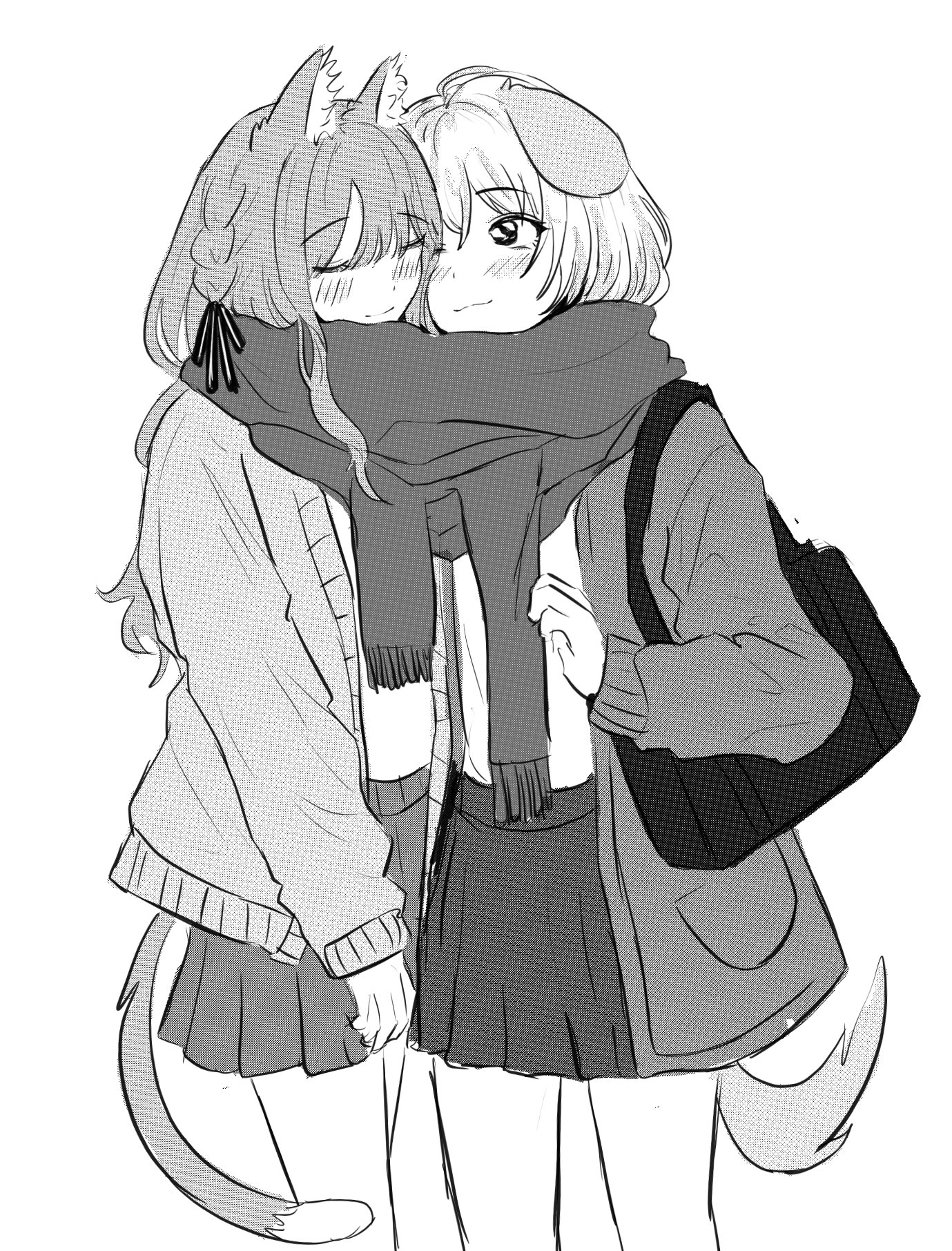 misumi uika, togawa sakiko, bang dream!, bang dream! it's mygo!!!!!, highres, 2girls, animal ears, bag, blush, cardigan, cat ears, cat girl, cat tail, cheek-to-cheek, closed eyes, closed mouth, dog ears, dog girl, dog tail, greyscale, heads together, kemonomimi mode, monochrome, multiple girls, pleated skirt, scarf, school bag, school uniform, shared clothes, shared scarf, skirt, smile, tail, two side up, uikays, yuri