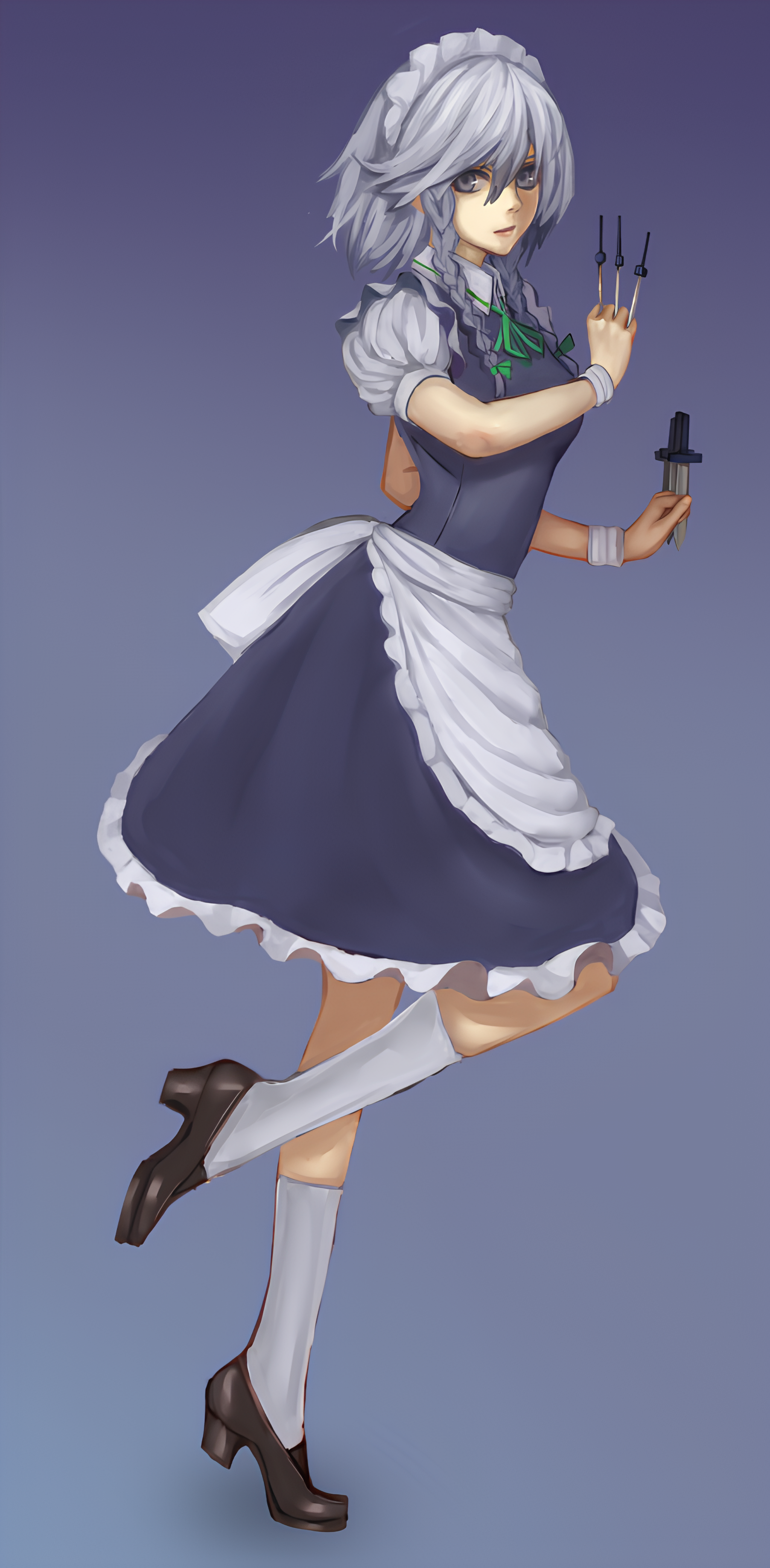 phasetsu, izayoi sakuya, touhou, absurdres, highres, non-web source, resized, upscaled, 1girl, apron, full body, grey eyes, grey hair, holding, holding knife, knife, maid, maid apron, maid headdress