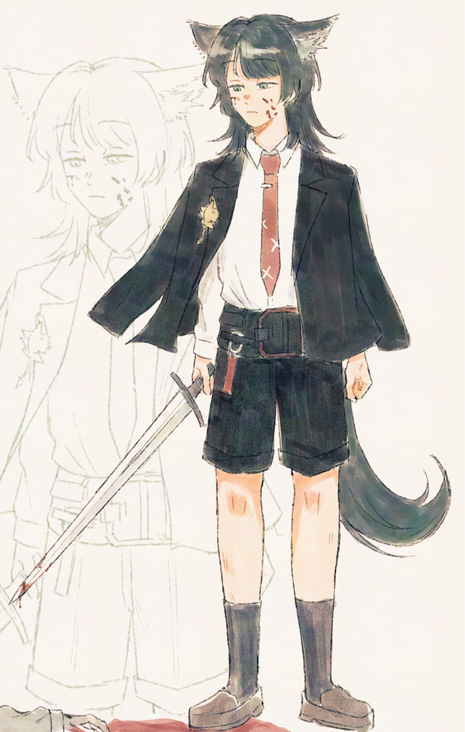 gampong44, yahata umiri, arknights, bang dream!, bang dream! it's mygo!!!!!, commentary, highres, symbol-only commentary, 1girl, animal ears, black hair, black jacket, black shorts, black socks, blood, blood on face, brown shoes, closed mouth, collared shirt, expressionless, jacket, jacket on shoulders, kemonomimi mode, long hair, necktie, pool of blood, red necktie, shirt, shoes, shorts, socks, solo, tail, white shirt, wolf ears, wolf girl, wolf tail, yahata umiri (moonlight executioner)