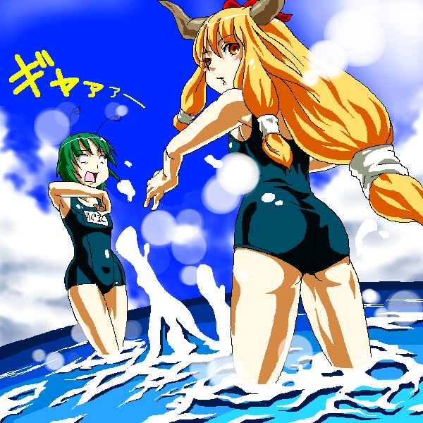 ibuki suika, wriggle nightbug, touhou, 2girls, antennae, bow, female focus, green hair, hair bow, horns, multiple girls, name tag, oekaki, one-piece swimsuit, orange eyes, orange hair, school swimsuit, swimsuit, water