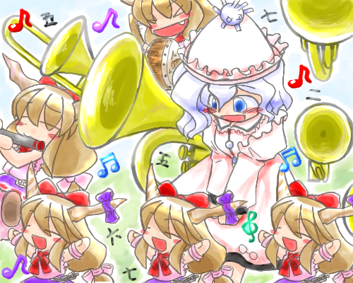 ibuki suika, merlin prismriver, touhou, lowres, 6+girls, chibi, female focus, horns, multiple girls