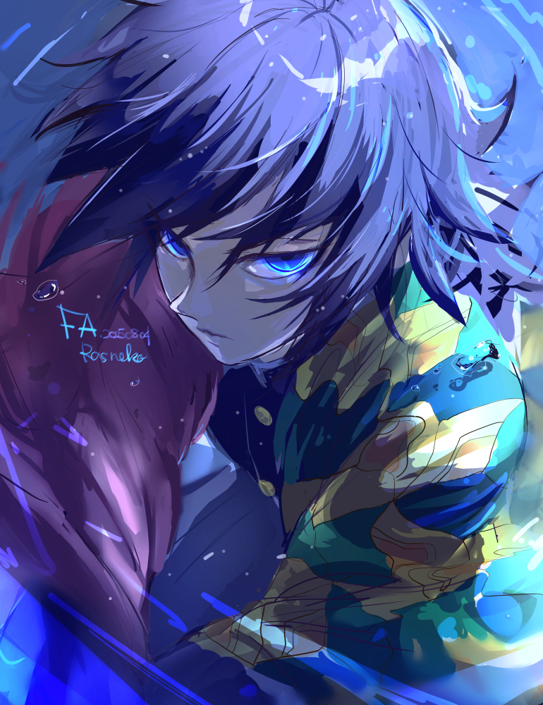 rasneko, tomioka giyuu, kimetsu no yaiba, 1boy, black hair, black jacket, black pants, blue eyes, buttons, closed mouth, demon slayer uniform, empty eyes, gold buttons, haori, jacket, japanese clothes, kikkoumon, looking at viewer, low ponytail, male focus, pants, ponytail, print haori, red haori, solo, spiked hair