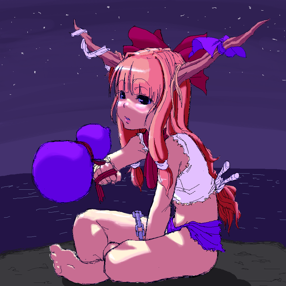 ibuki suika, touhou, 1girl, bare shoulders, blue skirt, blush, bottle, bow, bowtie, brown eyes, chain, cliff, drunk, female focus, full body, gourd, hair bow, holding, horizon, horns, indian style, midriff, miniskirt, navel, ocean, orange hair, outdoors, red bow, red bowtie, shirt, shore, sitting, skirt, sleeveless, sleeveless shirt, soles, solo, stomach, toes, water, white shirt