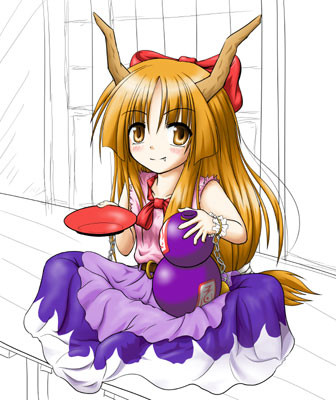 ibuki suika, touhou, lowres, 1girl, female focus, horns, solo