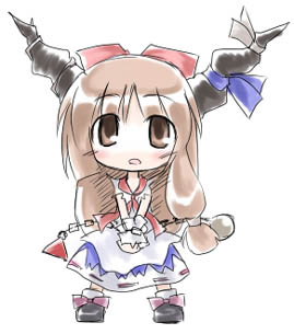 kugelschreiber, ibuki suika, touhou, eyebrows, lowres, 1girl, blush, bow, brown eyes, brown hair, chain, chibi, female focus, footwear bow, hair bow, horn ornament, horn ribbon, horns, long hair, looking up, open mouth, ribbon, ribbon-trimmed skirt, ribbon trim, shirt, shoes, skirt, socks, solo, torn clothes, torn sleeves, v arms, wrist cuffs