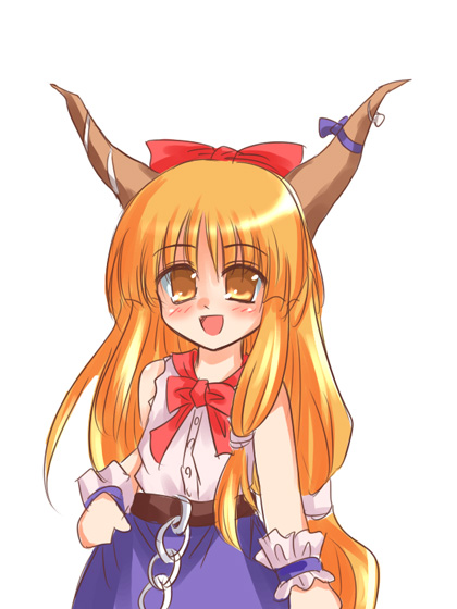 ibuki suika, touhou, 1girl, :d, bare shoulders, belt, blue skirt, bow, bowtie, chain, cowboy shot, fang, female focus, frills, horns, long hair, looking at viewer, oni, open mouth, orange eyes, orange hair, red bow, red bowtie, simple background, skirt, smile, solo, very long hair, white background, wrist cuffs