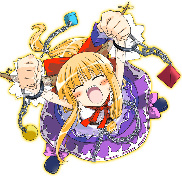 hiyorimi, ibuki suika, touhou, 1girl, blonde hair, bow, chain, chibi, female focus, full body, horns, long hair, solo, standing, white background