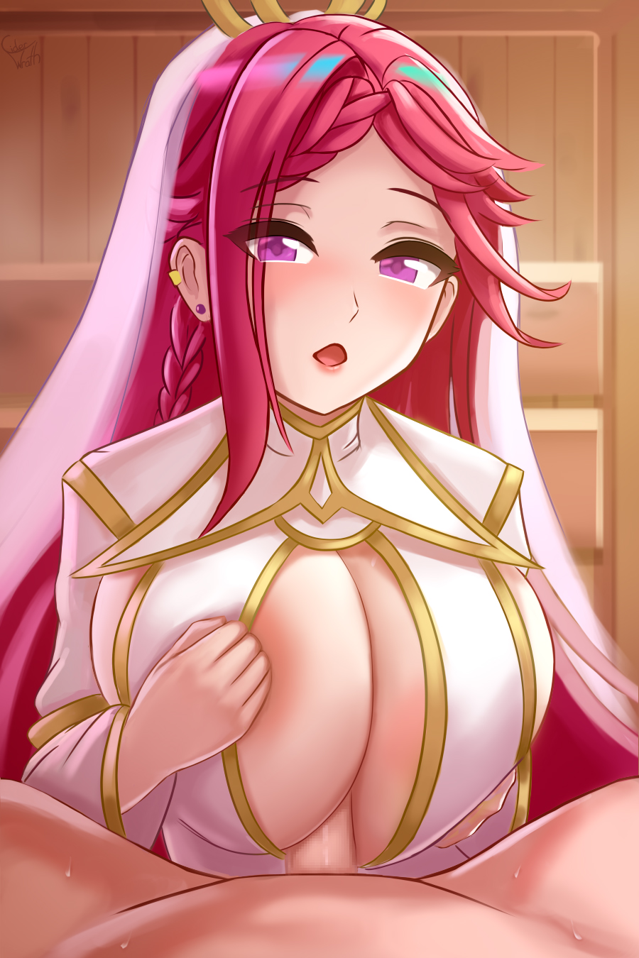 loki (fire emblem), fire emblem, fire emblem heroes, nintendo, 1boy, 1girl, breasts, cleavage, large breasts, long hair, official alternate costume, paizuri, penis, pov, purple eyes, purple hair