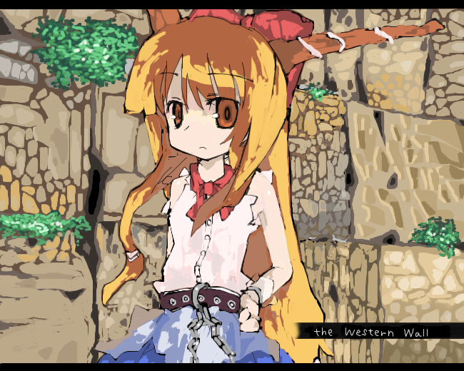 cusui, ibuki suika, touhou, eyebrows, wall, 1girl, belt, bow, buttons, chain, choker, english text, female focus, hair bow, hand on own hip, horns, long hair, orange eyes, orange hair, solo, torn clothes, torn sleeves