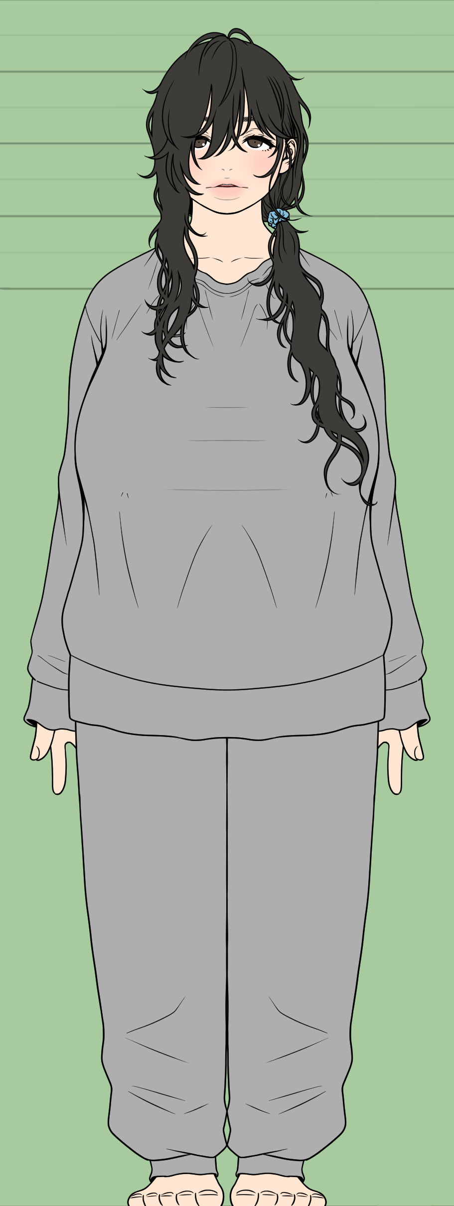 kuzukago (bitchmaker), tagme, 1girl, ahoge, barefoot, blue scrunchie, breasts, brown eyes, brown hair, dress, full body, green background, grey dress, grey pajamas, huge breasts, jimiko, large breasts, looking at viewer, loose clothes, low ponytail, open mouth, pajamas, pink lips, ponytail, scrunchie, simple background, solo, standing, ume-chan (kuzukago bitchmaker), wavy hair