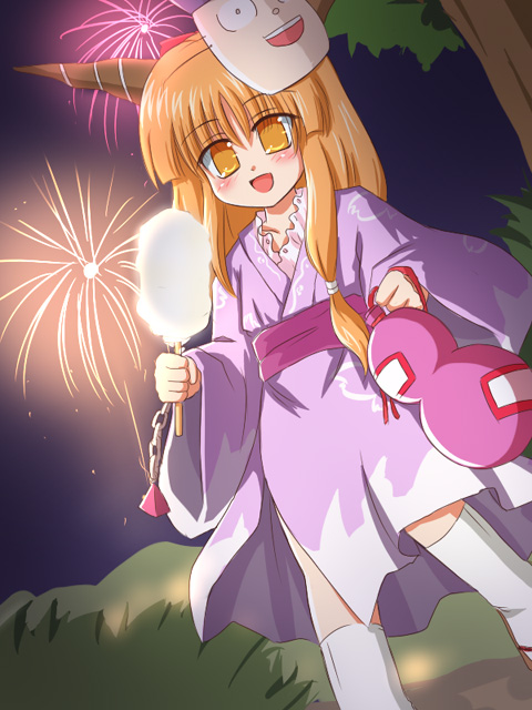 ibuki suika, touhou, 1girl, cotton candy, female focus, food, holding, holding cotton candy, holding food, horns, japanese clothes, kimono, orange eyes, orange hair, outdoors, plant, sky, solo, standing, tree, yukata
