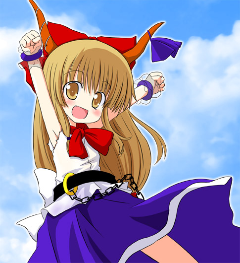 kazami ruku, ibuki suika, touhou, 1girl, :d, arms up, blonde hair, blue skirt, blush, bow, bowtie, chain, clenched hands, female focus, hair bow, horns, long hair, looking at viewer, oni, open mouth, red bow, red bowtie, shirt, skirt, sleeveless, sleeveless shirt, smile, solo, very long hair, white shirt, yellow eyes