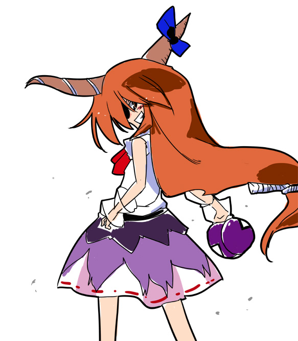 kiku hitomoji, ibuki suika, touhou, 1girl, bad anatomy, bow, bowtie, brown eyes, cowboy shot, evil smile, female focus, from behind, gourd, horns, long hair, looking at viewer, looking back, low-tied long hair, oni, orange hair, poorly drawn, purple skirt, red bow, red bowtie, shirt, skirt, smile, solo, standing, very long hair, white background, white shirt, wrist cuffs
