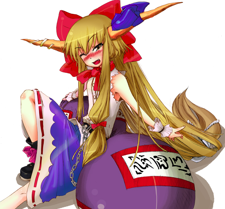 himeno suika, ibuki suika, touhou, 1girl, blush, drunk, female focus, horns, simple background, sitting, solo, white background