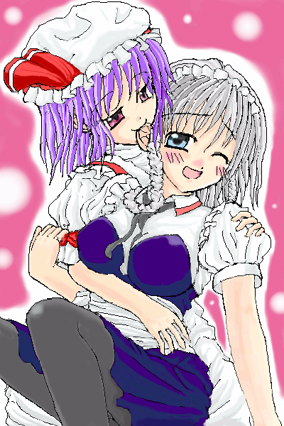 izayoi sakuya, remilia scarlet, touhou, biting ear, silver hair, 2girls, biting, blue eyes, blush, breasts, couple, female focus, hat, looking at another, maid, maid headdress, multiple girls, oekaki, one eye closed, open mouth, pantyhose, puffy short sleeves, puffy sleeves, red eyes, ribbon, short hair, short sleeves, simple background, smile, wince, wink, yuri