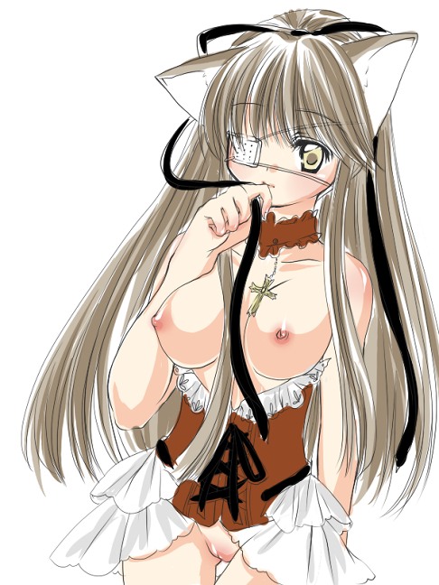niwaka yuan, yun (artist), 1girl, animal ears, between breasts, breasts, cat ears, eyepatch, female focus, nipples, no panties, solo