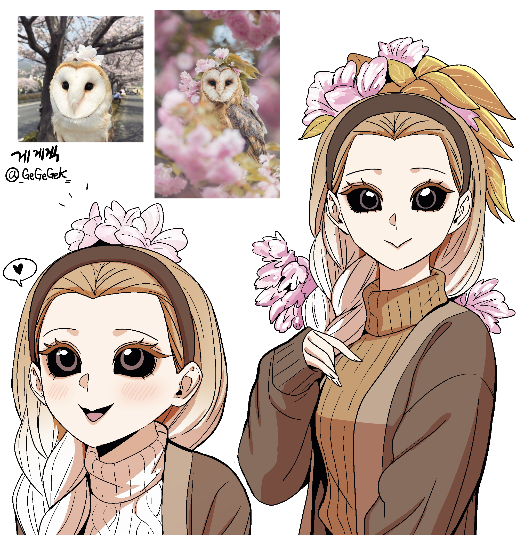 gegegekman, original, highres, 1girl, :>, artist name, barn owl, barn owl (gegegekman), bird, black sclera, braid, brown cardigan, brown eyes, brown hair, brown sweater, cardigan, colored sclera, creature and personification, flower, french braided ponytail, gradient hair, hair flower, hair ornament, hairband, heart, multicolored hair, multiple views, open cardigan, open clothes, open mouth, owl, personification, photo inset, reference inset, signature, sleeves past wrists, spoken heart, sweater, turtleneck, turtleneck sweater, white background, white hair