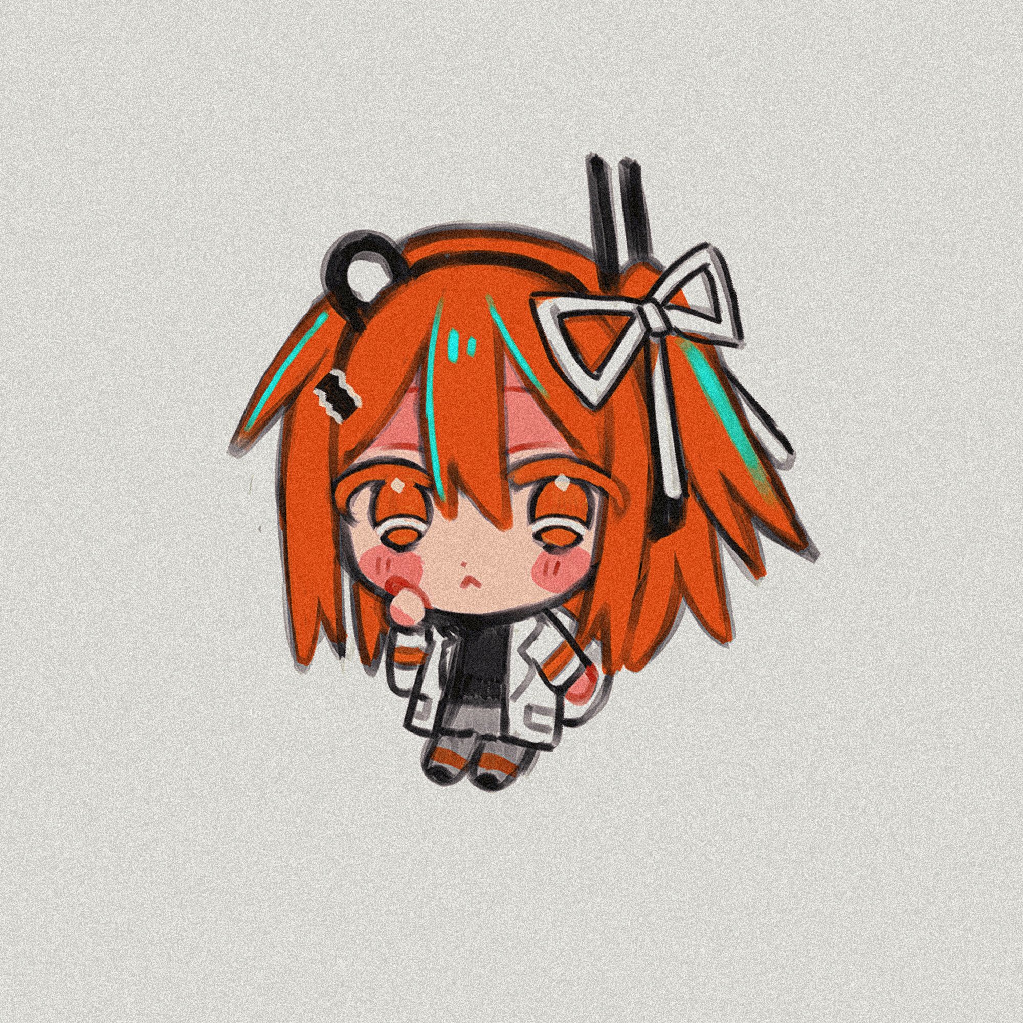 nasi (na si), adachi rei, a.i. voice, utau, highres, 1girl, :<, chibi, chibi only, closed mouth, full body, hand up, jacket, long hair, long sleeves, looking at viewer, open clothes, open jacket, orange eyes, orange hair, simple background, solo, white background, white jacket