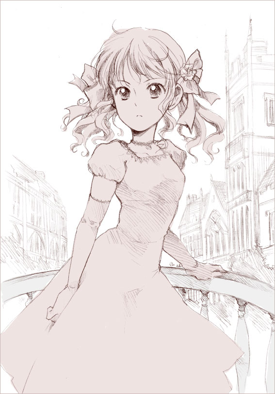 nyannyannyan!, ogawa hidari, original, 1girl, dress, female focus, monochrome, pink theme, sketch, solo