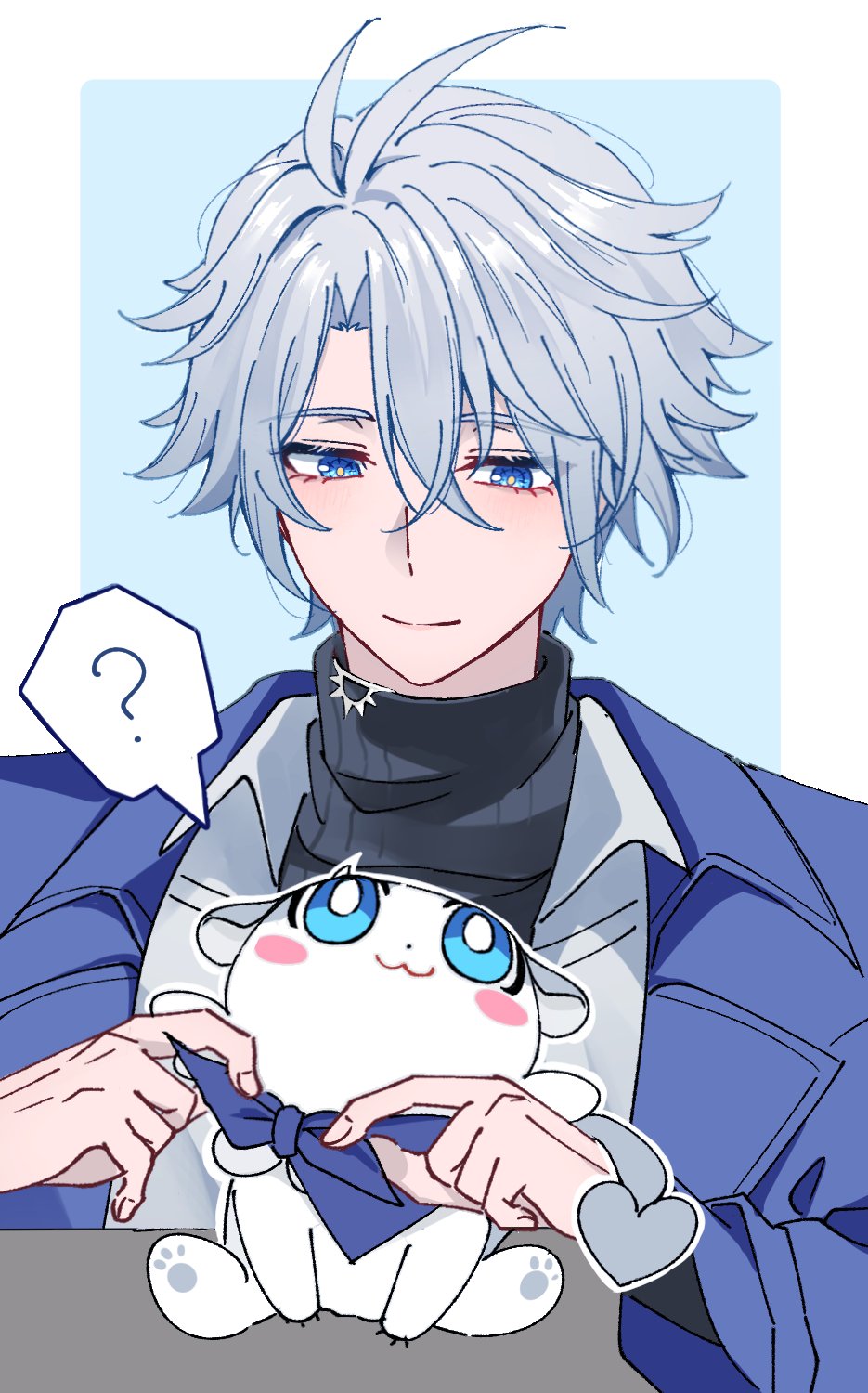 mororo1357, phainon (honkai: star rail), honkai: star rail, honkai (series), highres, 1boy, ?, antenna hair, aqua background, black sweater, blue coat, blue eyes, border, chimera (honkai: star rail), closed mouth, coat, creature, crossed bangs, grey hair, hair between eyes, looking at creature, looking down, male focus, official alternate costume, open clothes, open coat, open shirt, parted bangs, phainon (luckin coffee) (honkai: star rail), shirt, short hair, smile, solo, spoken question mark, sweater, turtleneck, turtleneck sweater, upper body, white border, white shirt, yellow pupils