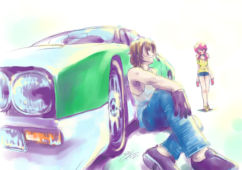 feldt grace, lockon stratos, gundam, gundam 00, 00s, 1boy, 1girl, black gloves, camisole, car, crossed legs, denim, full body, gloves, jeans, motor vehicle, pants, short shorts, shorts, simple background, sitting, standing, tank top, toned, white background