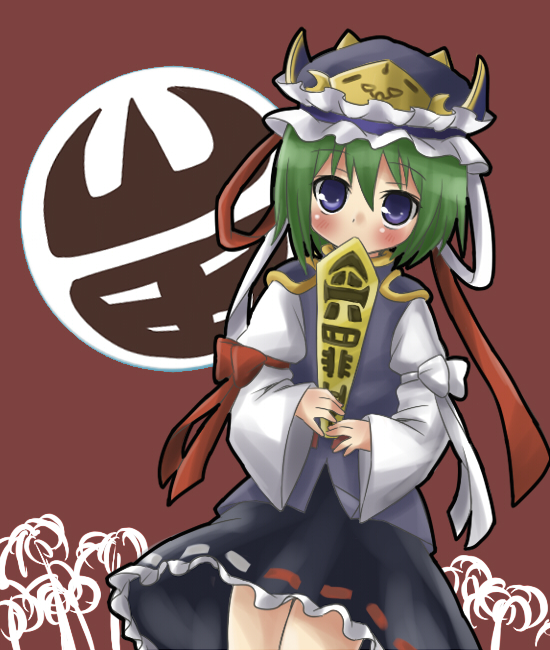 kiji (manekinuko-tei), shiki eiki, touhou, 1girl, blue eyes, blush, bow, female focus, flower, green hair, hat, red flower, ribbon, rod of remorse, short hair, skirt, solo, spider lily