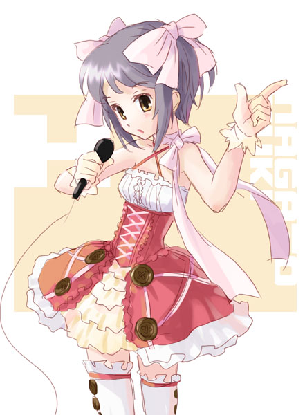 katahira masashi, nagato yuki, suzumiya haruhi no yuuutsu, 00s, bare shoulders, bow, cowboy shot, frills, hair bow, lace, microphone, solo, thighhighs, zettai ryouiki