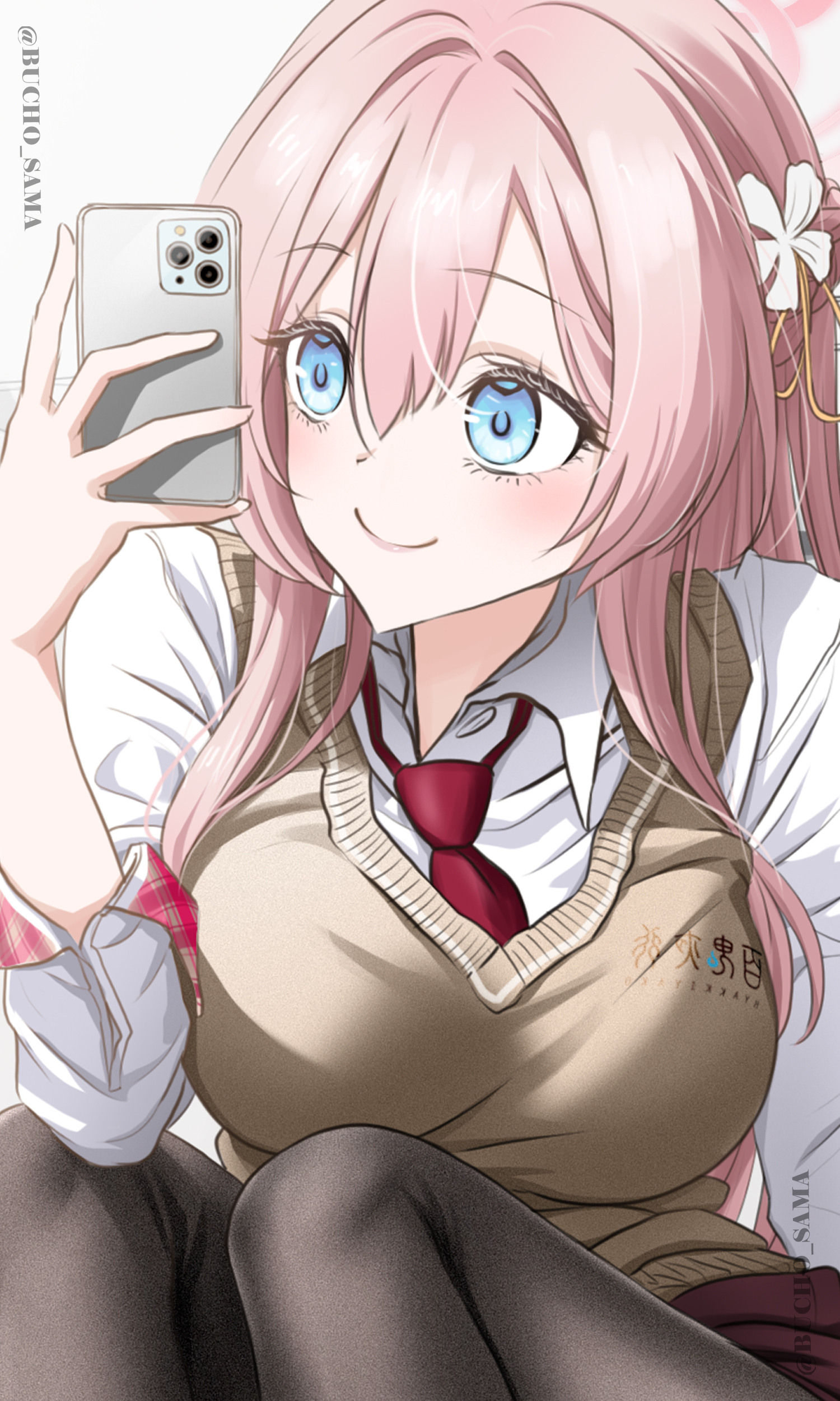bucho sama, mimori (blue archive), blue archive, absurdres, highres, 1girl, alternate costume, blue eyes, blush, braid, braided bun, breasts, cleavage, hair between eyes, hair bun, hair ornament, halo, large breasts, long hair, looking at viewer, phone, pink hair, pink halo, red halo, school uniform, single side bun, smile, solo