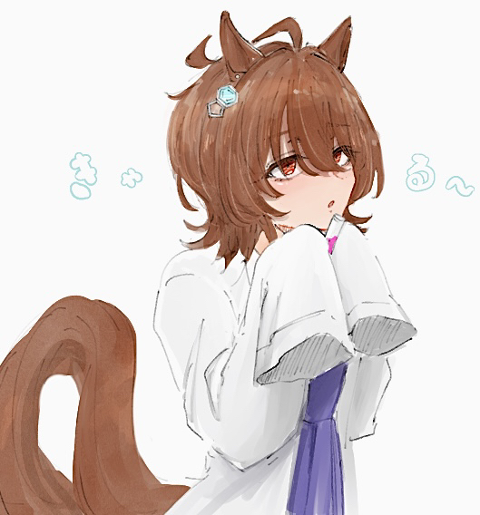 hydr051, agnes tachyon (umamusume), umamusume, commentary request, 1girl, ahoge, animal ears, begging, brown hair, chemical structure, coat, earrings, hair between eyes, hands up, horse ears, horse girl, horse tail, jewelry, lab coat, medium hair, open clothes, open coat, pleated skirt, purple shirt, purple skirt, red eyes, shirt, shirt tucked in, simple background, single earring, skirt, sleeves past fingers, sleeves past wrists, solo, tail, thighhighs, white background, white coat, wolf cut