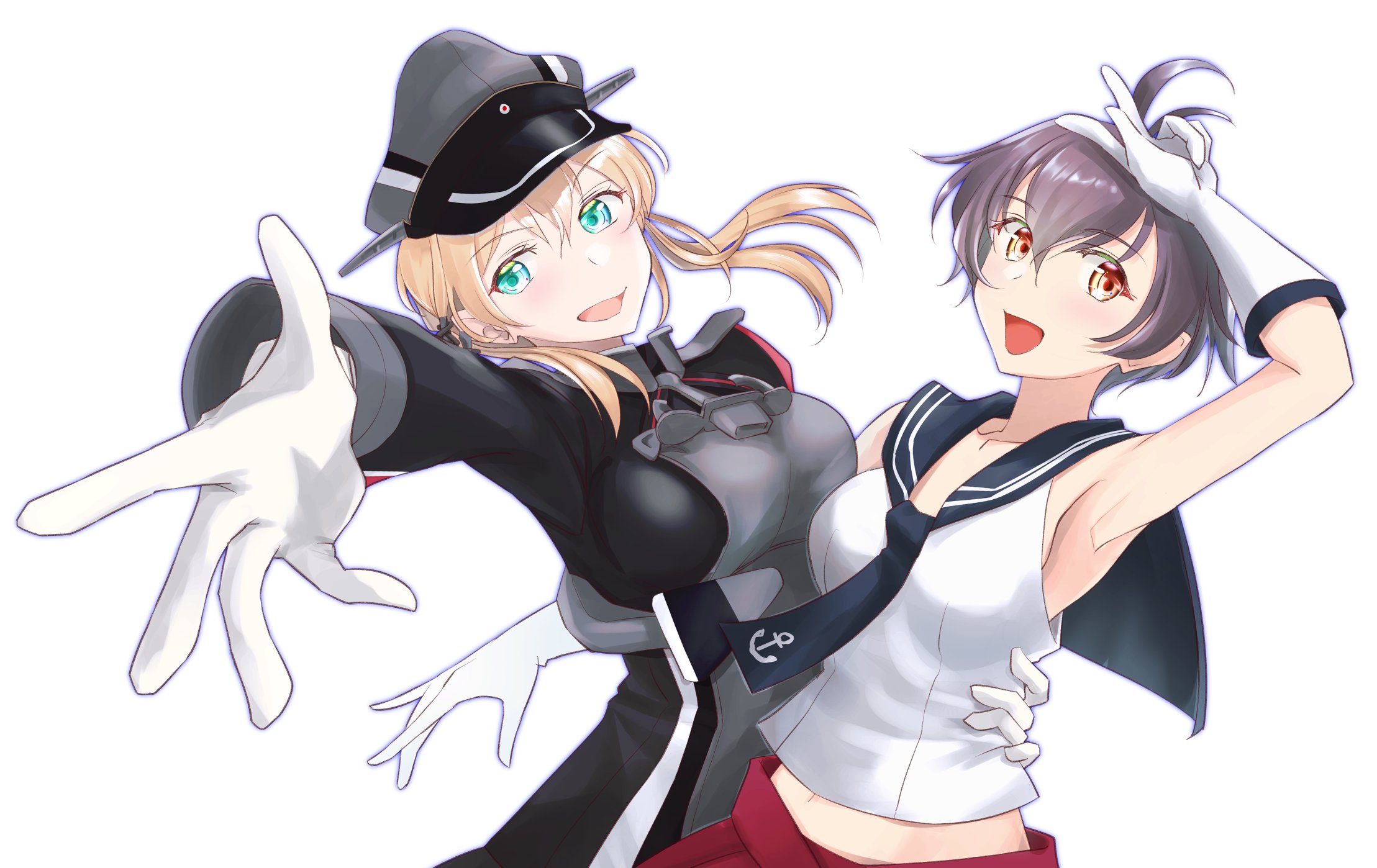 tsukasa (tukasa br), prinz eugen (kancolle), sakawa (kancolle), kantai collection, highres, 2girls, anchor ornament, anchor symbol, antenna hair, aqua eyes, black necktie, black sailor collar, blonde hair, foreshortening, gloves, grey hat, hashtag commentary, hat, low twintails, military hat, military uniform, multiple girls, necktie, no dickey, peaked cap, sailor collar, sailor shirt, shirt, simple background, sleeveless, sleeveless shirt, twintails, upper body, v, white background, white gloves, white shirt