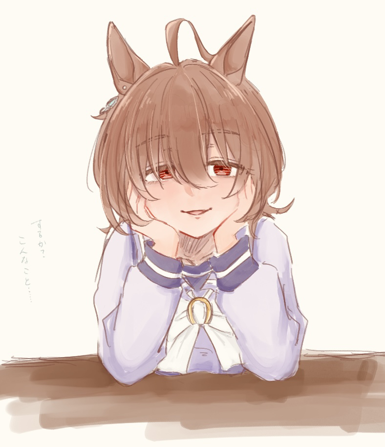 hydr051, agnes tachyon (umamusume), umamusume, 1girl, animal ears, blush, bow, brown hair, hair between eyes, hand on own face, horse ears, horse girl, horse tail, medium hair, open mouth, purple sailor collar, purple shirt, red eyes, sailor collar, school uniform, shirt, sidelocks, solo, tail, tracen school uniform, white bow, wolf cut