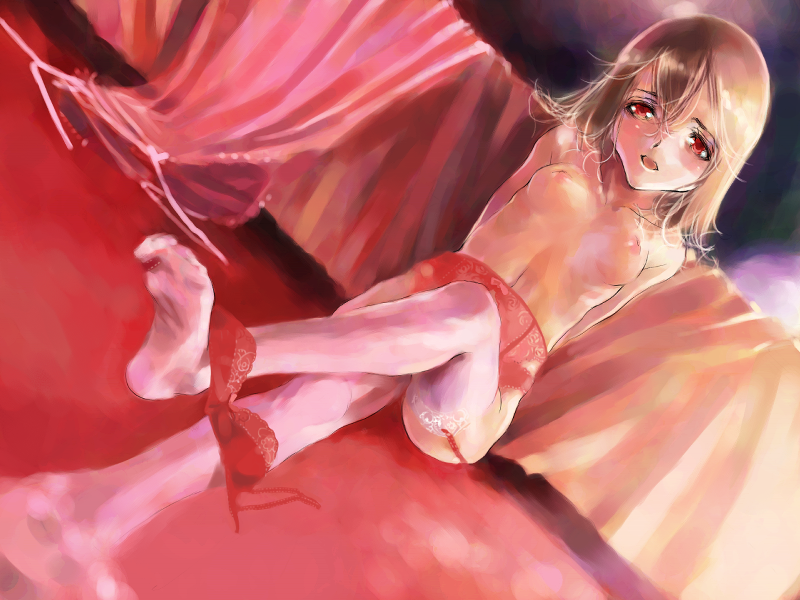 haimura kiyotaka, rainbow spectrum, hilde (hotel ergriffen), hotel ergriffen, game cg, 1girl, bed, bra, breasts, brown hair, feet, female focus, garter belt, lingerie, nipples, panties, red eyes, small breasts, solo, thighhighs, underwear