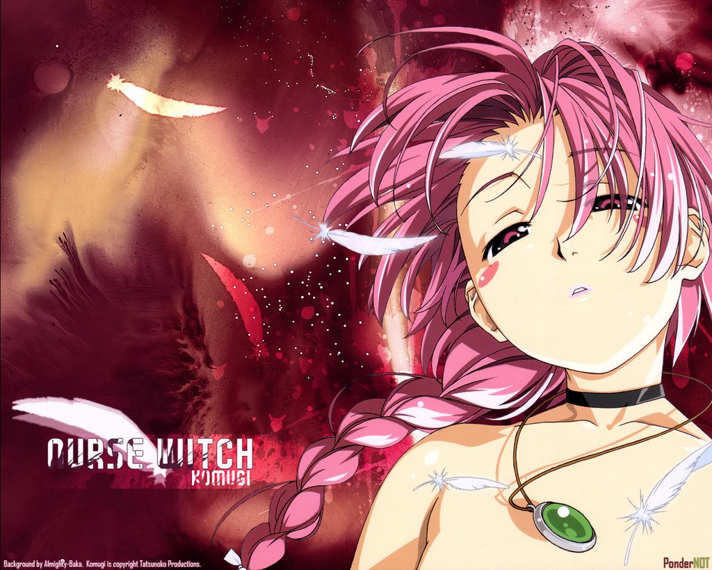 nakahara komugi, nurse witch komugi-chan, 00s, blush, braid, feathers, jewelry, lipstick, makeup, necklace, pink hair, solo