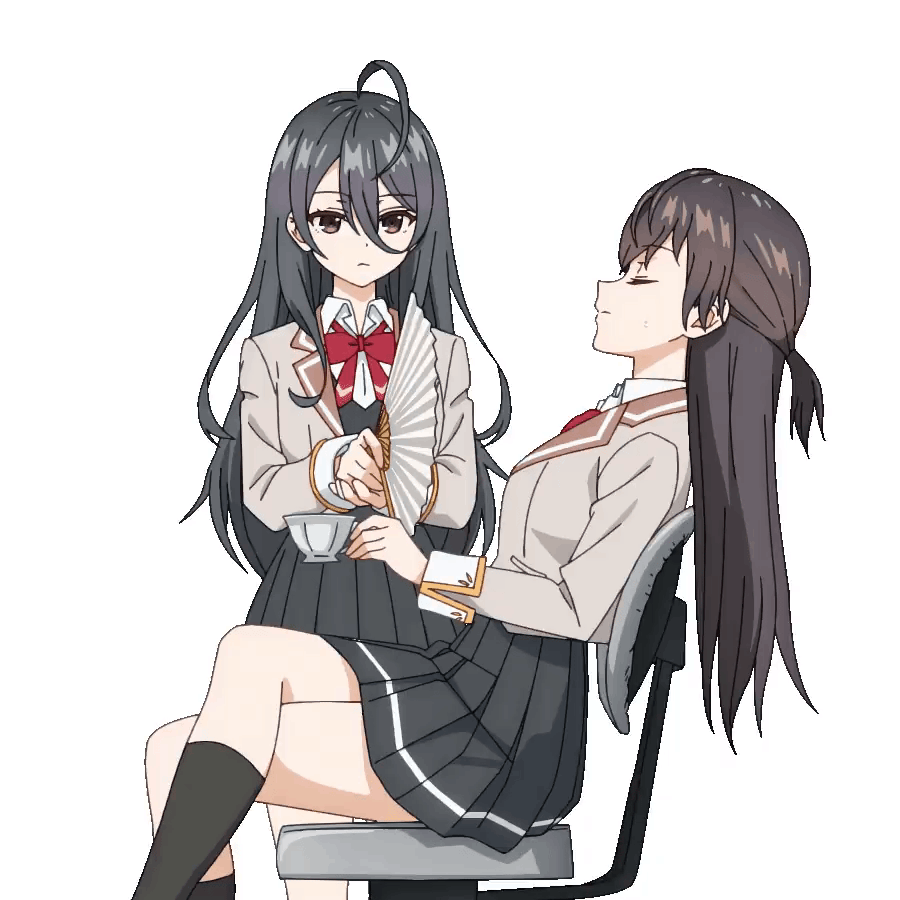 kimishima ayano, suou yuki, tokidoki bosotto roshia-go de dereru tonari no alya-san, absurdres, animated, animated gif, highres, huge filesize, 2girls, ahoge, black eyes, black hair, black skirt, black socks, black vest, blazer, bowtie, breasts, brown jacket, chair, closed eyes, closed mouth, collared shirt, crossed legs, cup, dot nose, female focus, flat chest, hand fan, holding, holding cup, jacket, legs, long hair, long sleeves, medium breasts, miniskirt, multiple girls, pleated skirt, red bow, red bowtie, school uniform, seiren academy school uniform, shirt, shirt under vest, simple background, sitting, skirt, socks, sweat, sweatdrop, teacup, thighs, vest, wavy hair, white background, white shirt