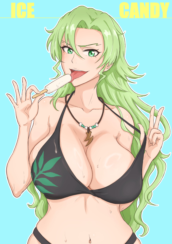 kuzi (artist), candice catnipp, bleach, bleach: brave souls, bleach: sennen kessen-hen, 1girl, bare shoulders, bikini, breasts, collarbone, english text, female focus, food, green eyes, green hair, jewelry, large breasts, long hair, looking at viewer, navel, necklace, official alternate costume, open mouth, peace symbol, popsicle, quincy (bleach), simple background, sternritter, swimsuit, tongue, tongue out, upper body, wet