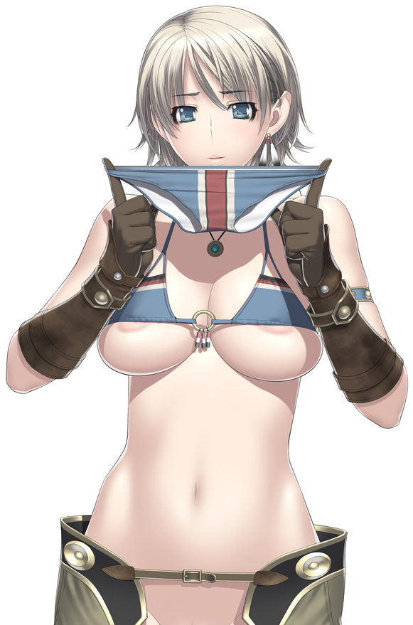 kansuke, fiona belli, capcom, demento, 1girl, alternate costume, armlet, bikini, blonde hair, blue eyes, bottomless, breasts, chaps, cleavage, earrings, elbow gloves, female focus, gloves, holding, holding panties, holding underwear, holding unworn clothes, jewelry, large breasts, micro bikini, navel, necklace, o-ring, o-ring top, panties, short hair, simple background, solo, swimsuit, underboob, underwear