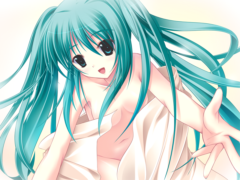 amino, amino kohaku, hatsune miku, vocaloid, 1girl, bed sheet, blanket, censored, convenient censoring, female focus, green hair, long hair, naked sheet, nude, solo, twintails, very long hair