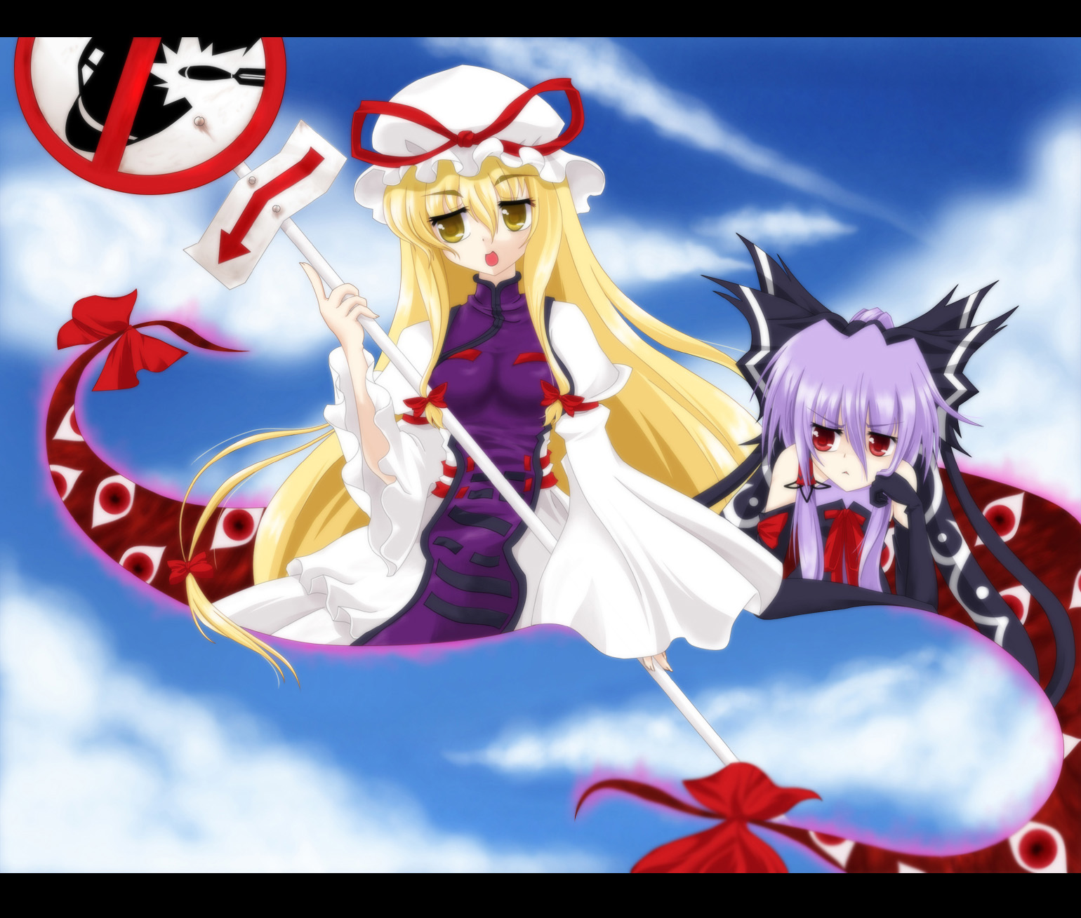 hakurei reimu, meimu, yakumo yukari, touhou, highres, 2girls, blonde hair, cloud, day, female focus, gap (touhou), hair ornament, hair ribbon, hat, hat ribbon, letterboxed, multiple girls, red eyes, ribbon, sign, sky, yellow eyes
