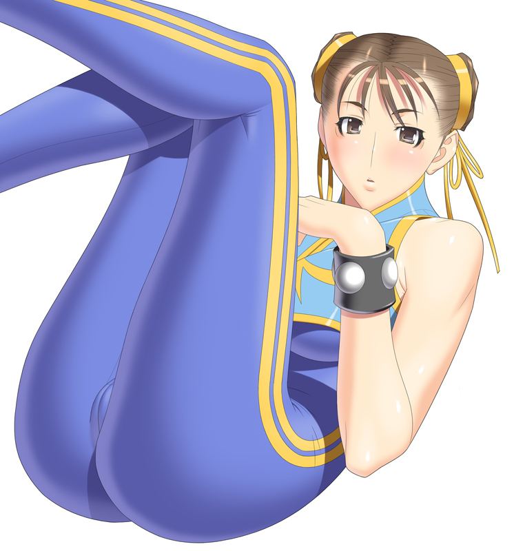kansuke, chun-li, capcom, street fighter, 1girl, alternate color, ass, blue bodysuit, blush, bodysuit, brown eyes, brown hair, cameltoe, double vertical stripe, female focus, huge ass, legs together, legs up, lying, short hair, solo, unitard, vest
