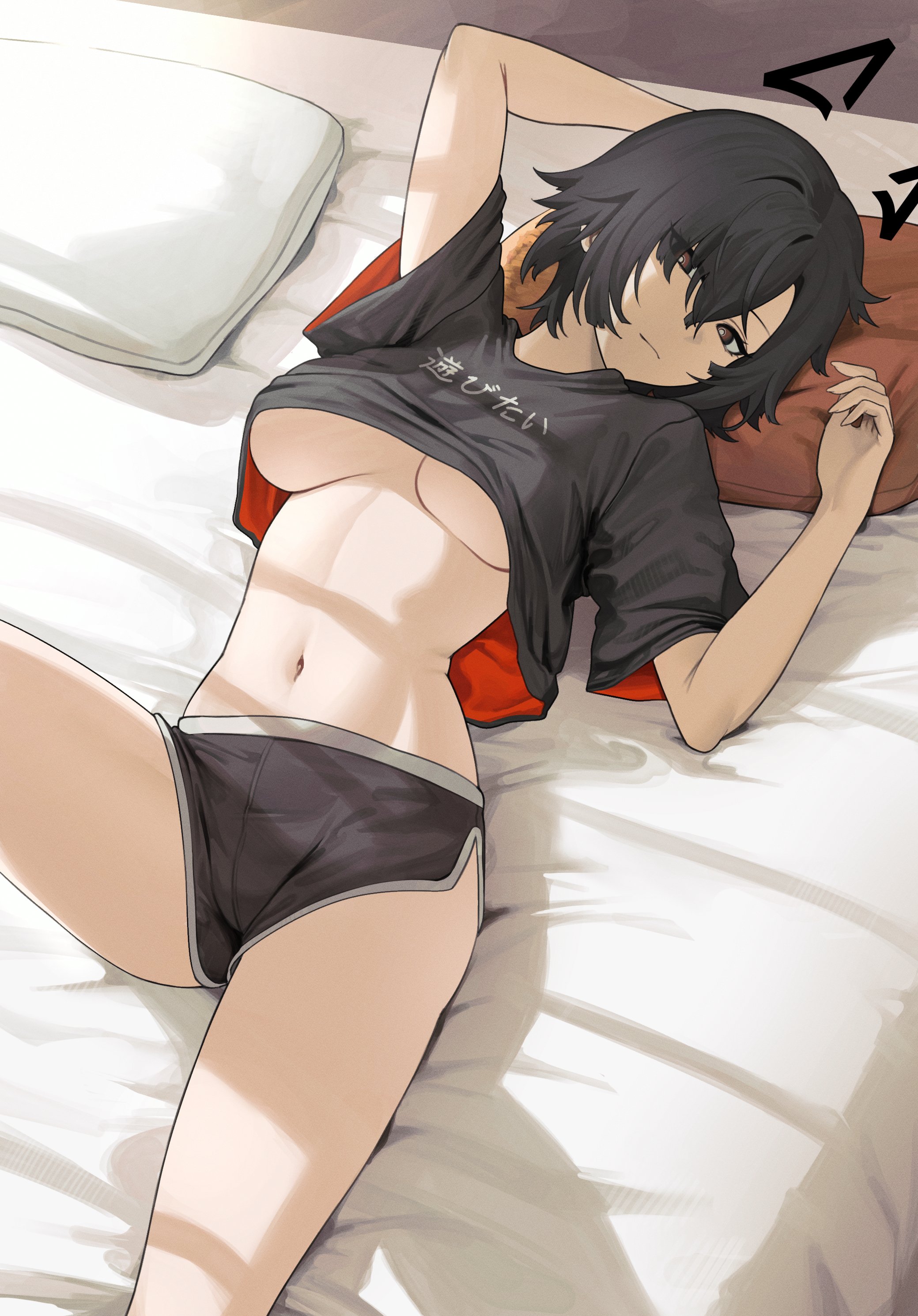 sedai, catherine (sedai), original, absurdres, commentary, english commentary, highres, translated, 1girl, arm behind head, black eyes, black hair, black shirt, black shorts, breasts, bright pupils, clothes writing, dolphin shorts, drawn ears, large breasts, looking at viewer, lying, navel, on back, on bed, pillow, shadow, shirt, short hair, short shorts, short sleeves, shorts, sidelighting, solo, t-shirt, underboob, white pupils